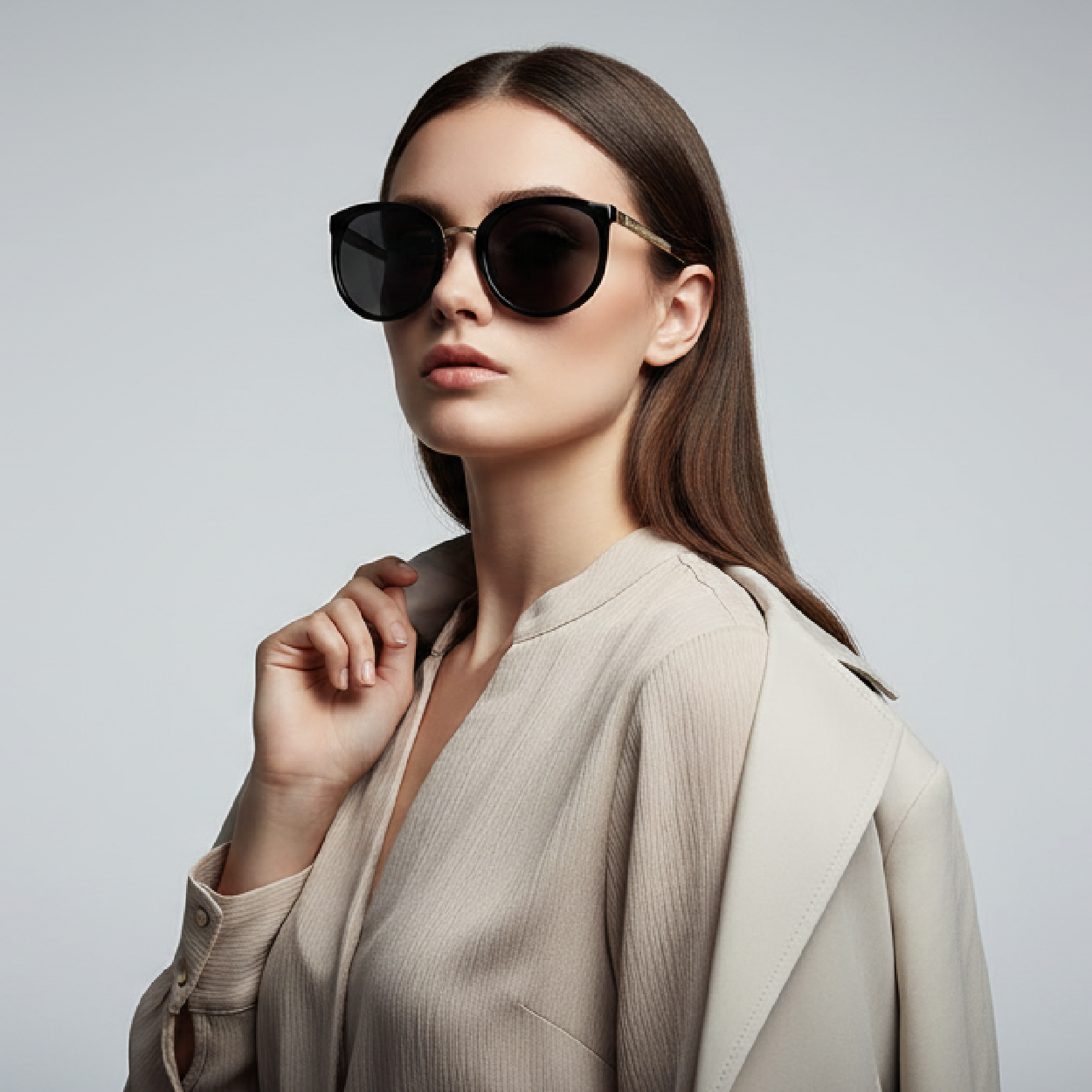 Fashionable unisex model wearing DSXLY oversized round sunglasses, retro-inspired circular lenses, casual street and festival look, modern stylish photography