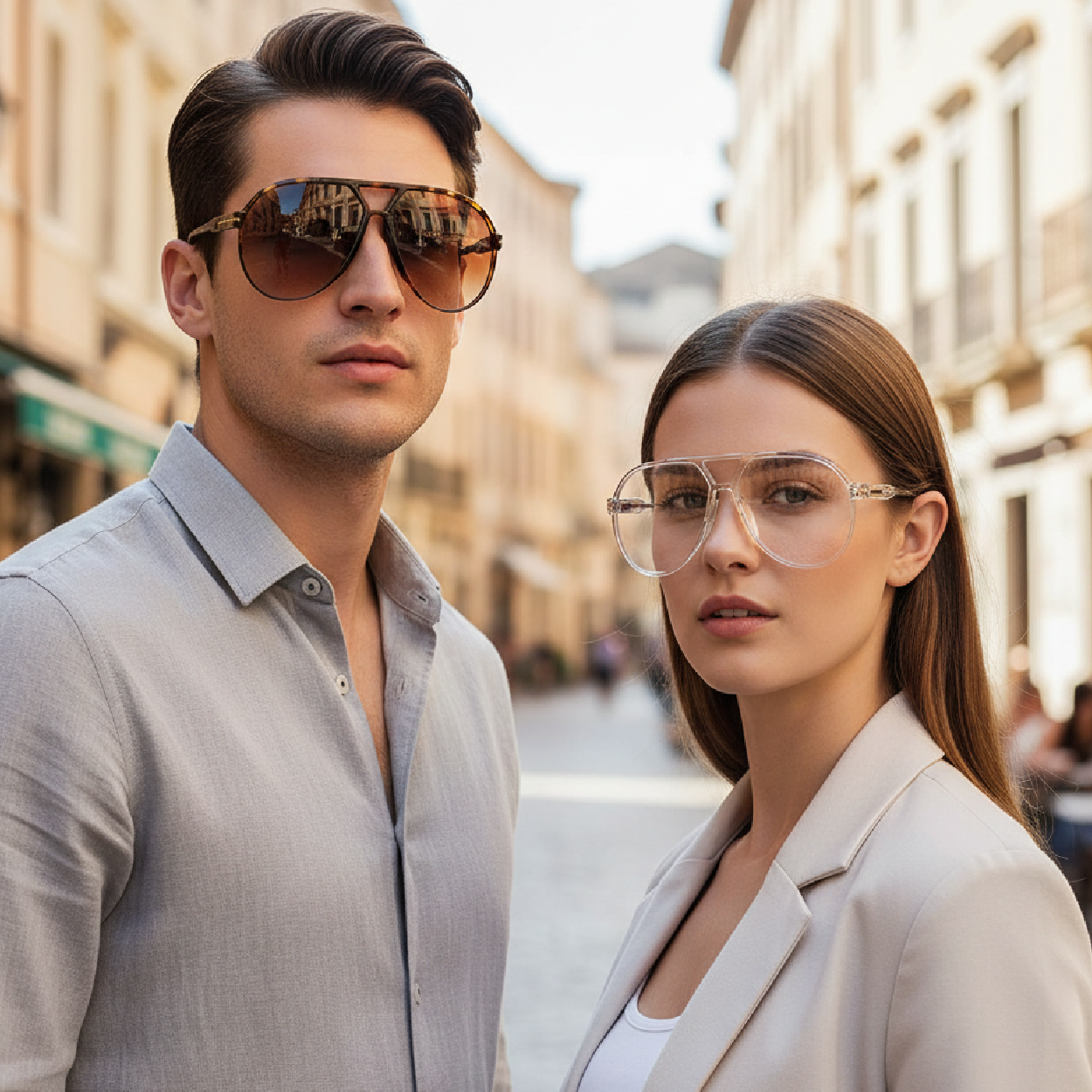 Stylish models in GUVIVI oversized aviator gradient sunglasses with metallic frame, city street or travel background, ultra-modern fashion photoshoot