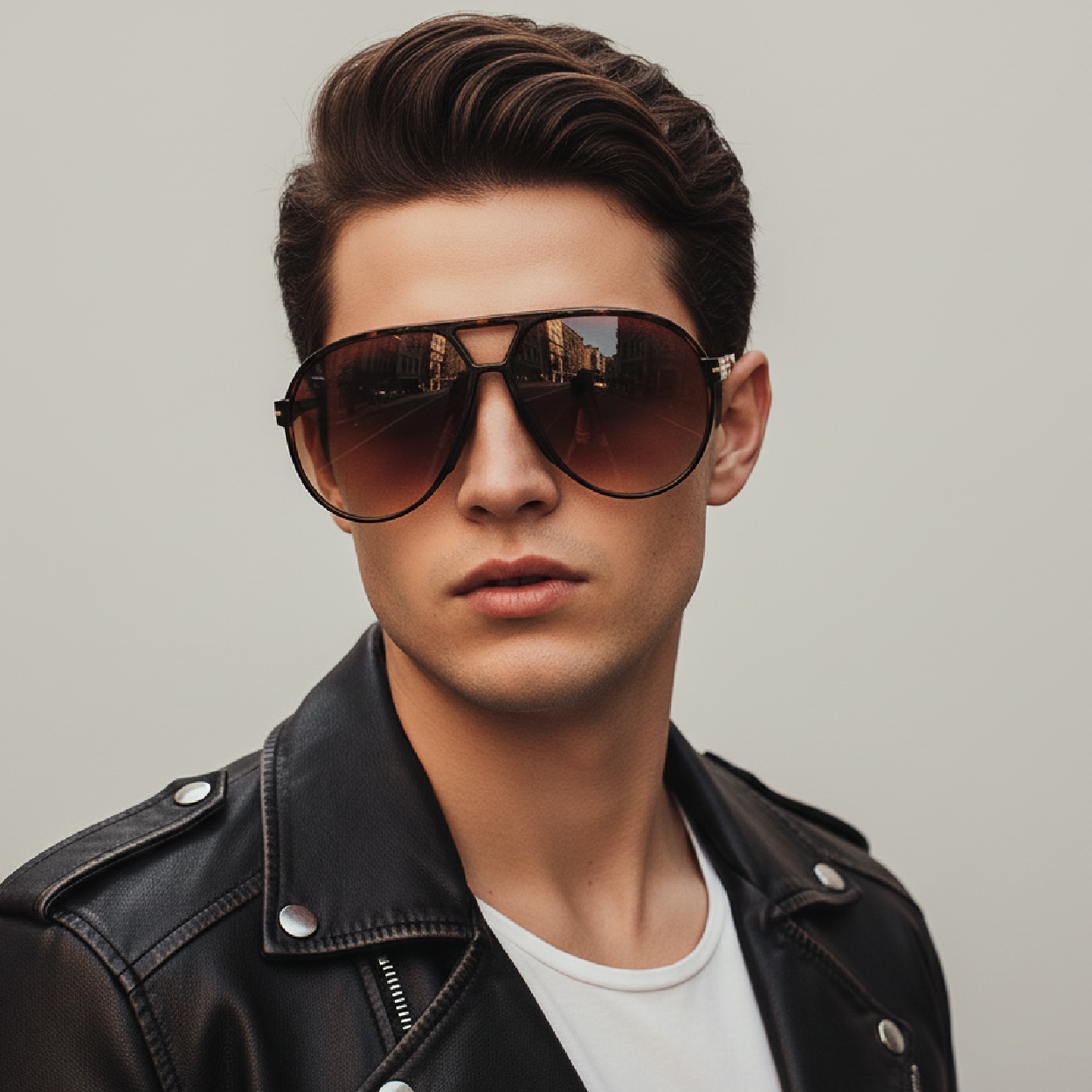 Male model wearing GUVIVI oversized aviator sunglasses with double bridge and a neutral studio background