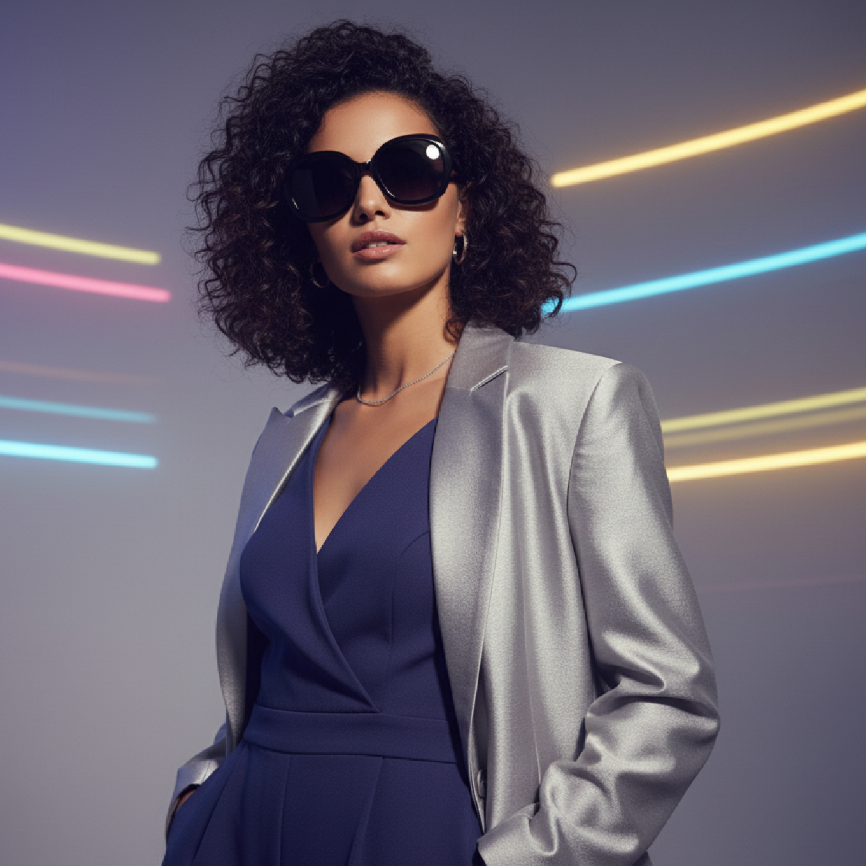 Model wearing Joopin oversized round mirrored sunglasses, retro-inspired style with reflective lenses, festival and beach casual outfit, modern fashion editorial