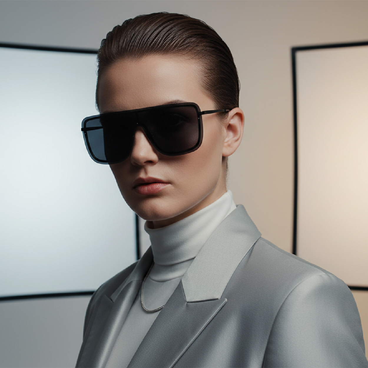 Male models wearing LYZOIT rimless oversized square sunglasses, professional studio product shot