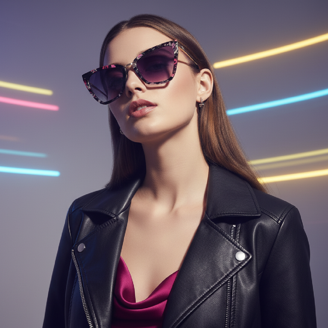 Trendy model in SIPHEW oversized cat-eye mirrored sunglasses with reflective lenses, street fashion and party style, modern high-resolution editorial look
