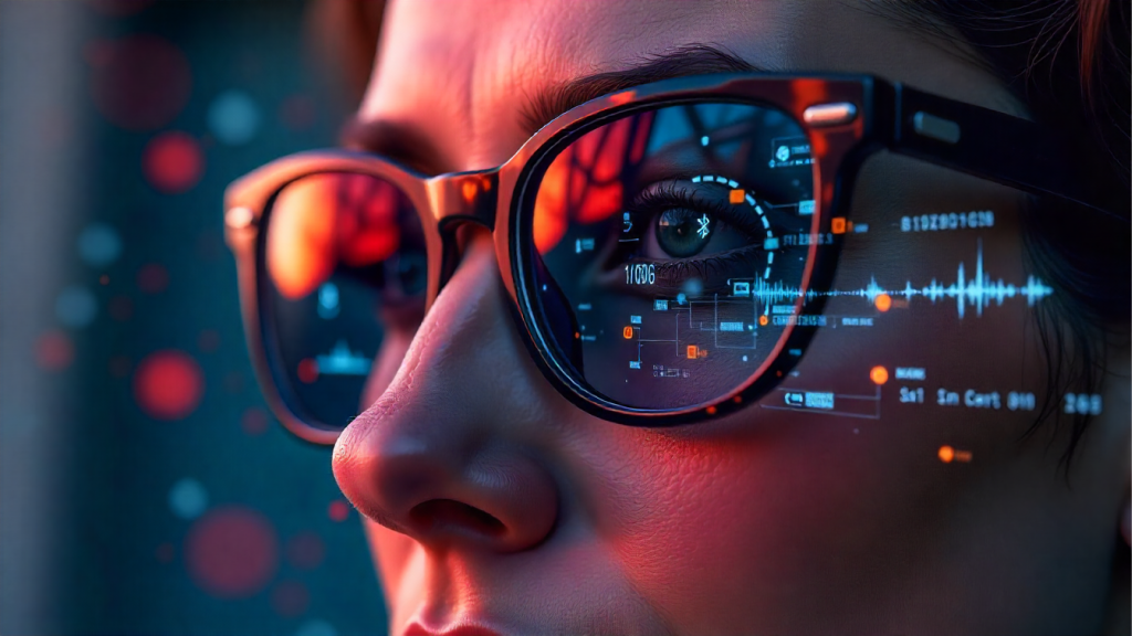 Smart sunglasses infographic showing connectivity, AR, audio, and fitness tracking features