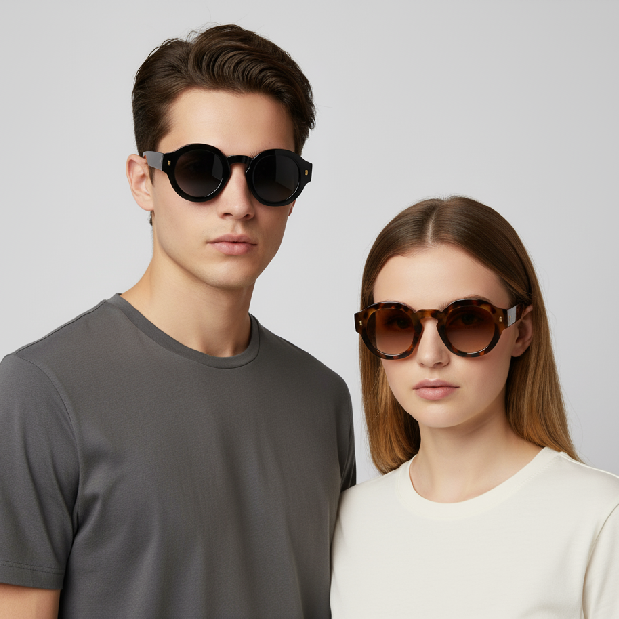 Male and female models wearing VANLINKER oversized retro-round sunglasses in a professional studio with neutral background