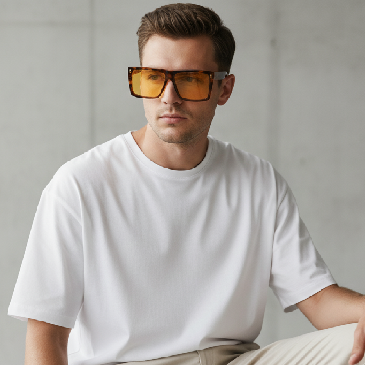 Model wearing VANLINKER oversized square frame sunglasses with acetate frame, urban street style, minimalist modern fashion editorial