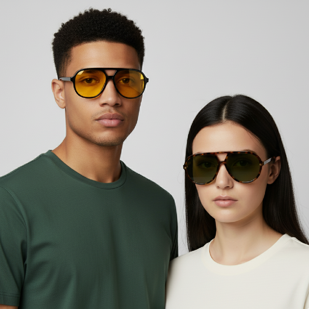 Male and female models wearing VANLINKER polarized aviator sunglasses