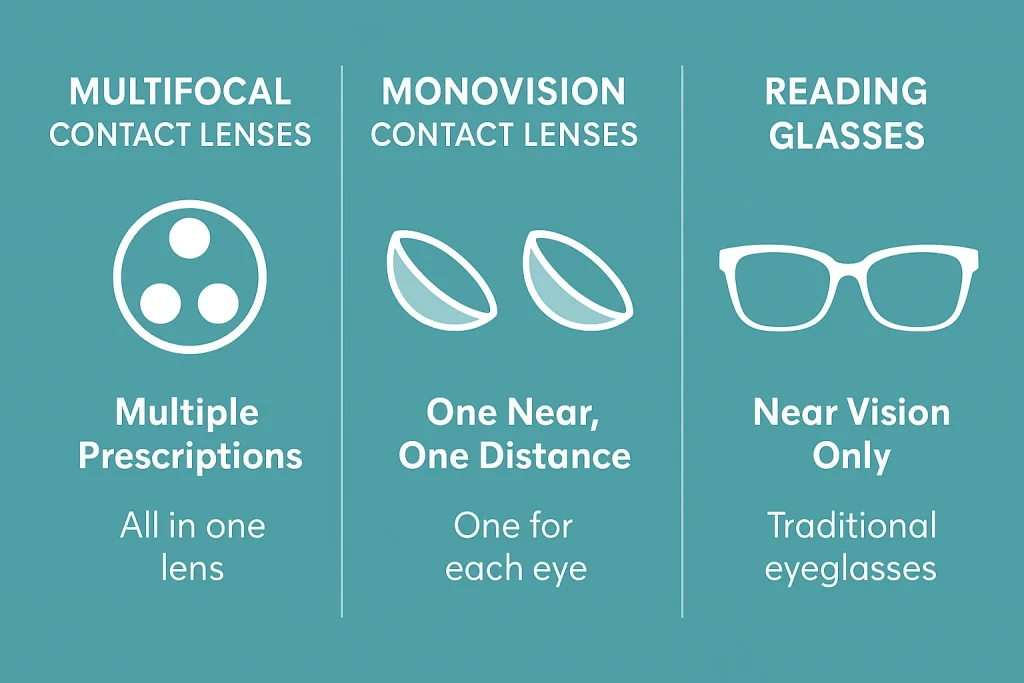 Comparison between multifocal, monovision, and reading glasses