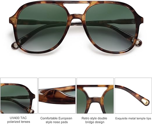 SOJOS Retro Vintage Polarized Sunglasses Double Bridge Brow Bar Square Aviators SJ2174