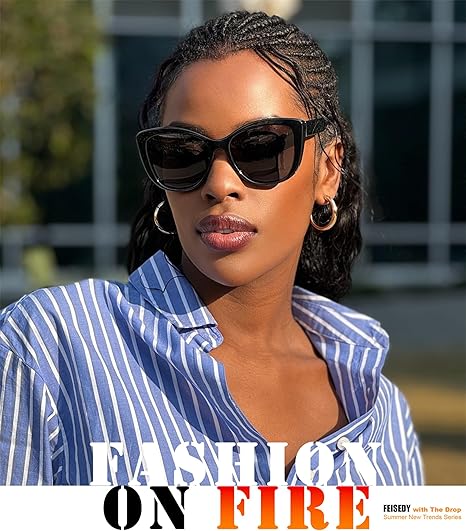 FEISEDY Polarized Retro Sunglasses Women Cat Eye Oversized Frame Sun Glasses