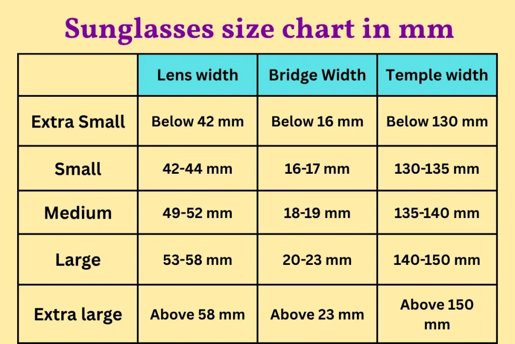 Sunglasses size chart in mm