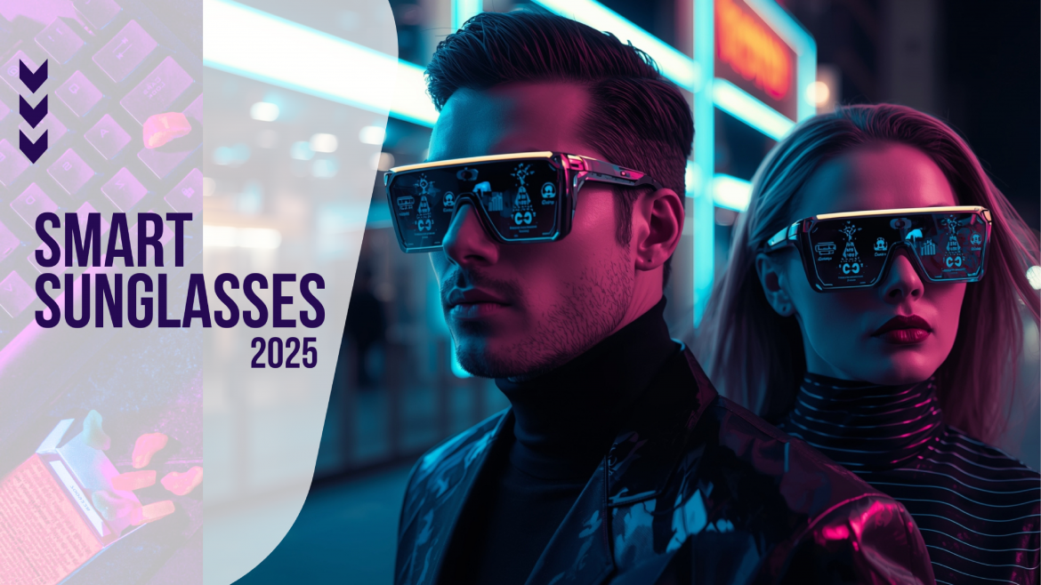 Futuristic fashion-forward man and woman wearing smart sunglasses with AR reflections on neon-lit Dubai street