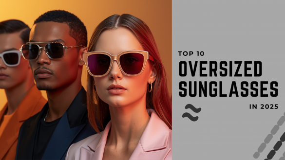 oversized-sunglasses-2025-fashion-banner Stylish male and female models wearing oversized sunglasses in a modern studio banner with soft lighting and luxury fashion vibe, perfect for 2025 eyewear trends